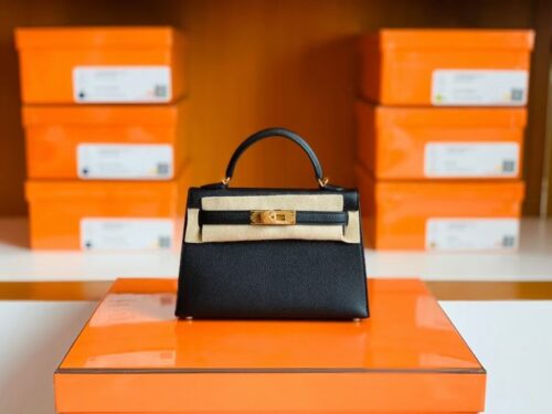 Hermes mini kelly Epsom Black Gold Hardware 19cm Full Handmade