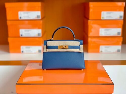 Hermes mini kelly Epsom R2 blue agete Gold Hardware 19cm Full Handmade