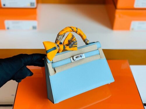 Hermes mini kelly Epsom 6u Light Blue Silver Hardware 19cm Full Handmade