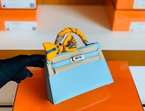 Hermes mini kelly Epsom 6u Light Blue Silver Hardware 19cm Full Handmade