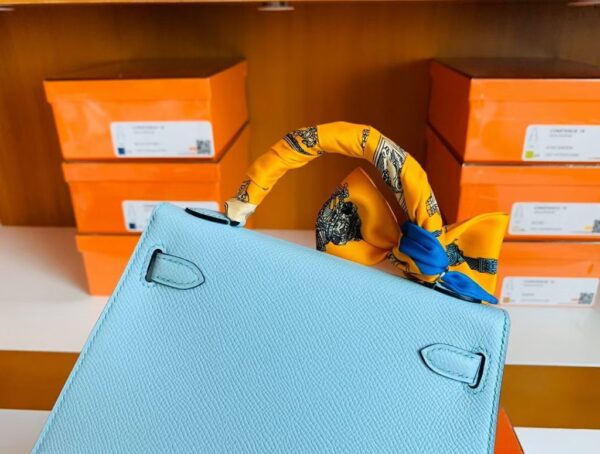 Hermes mini kelly Epsom 6u Light Blue Silver Hardware 19cm Full Handmade