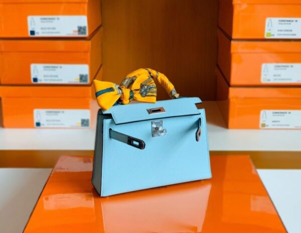 Hermes mini kelly Epsom 6u Light Blue Silver Hardware 19cm Full Handmade