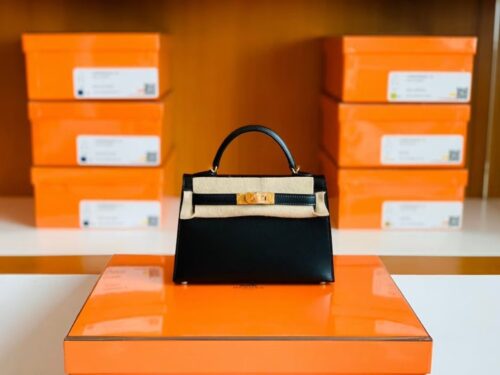 Hermes mini kelly Box Black Gold Hardware 19cm Full Handmade