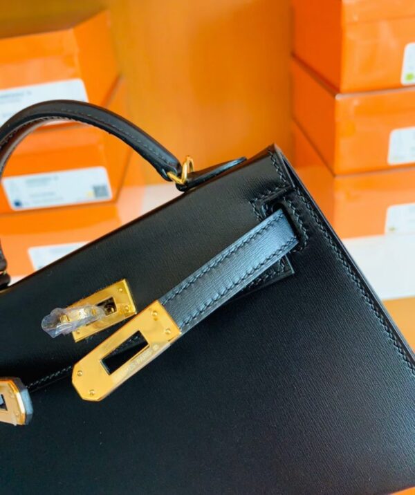 Hermes mini kelly Box Black Gold Hardware 19cm Full Handmade
