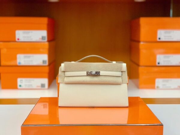 Hermes Mini kelly pochette Epsom Creamy White Silver Hardware 22cm Full Handmade