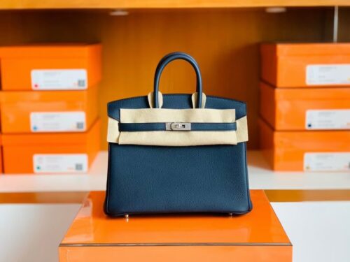 Hermes Birkin Togo bi-color Deep Blue & Orange Silver Hardware 25cm Full Handmade
