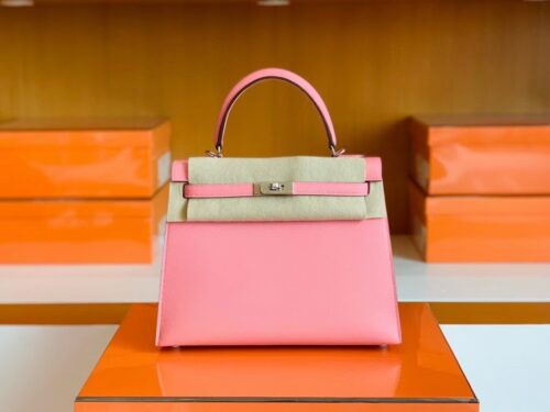 Hermes Kelly Epsom 1Q Creamy Pink Silver Hardware 25cm Full Handmade