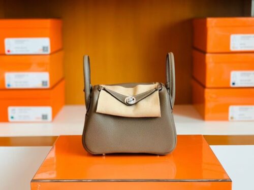 Hermes Mini Lindy Togo 18 etoupe grey Silver Hardware 19cm Full Handmade