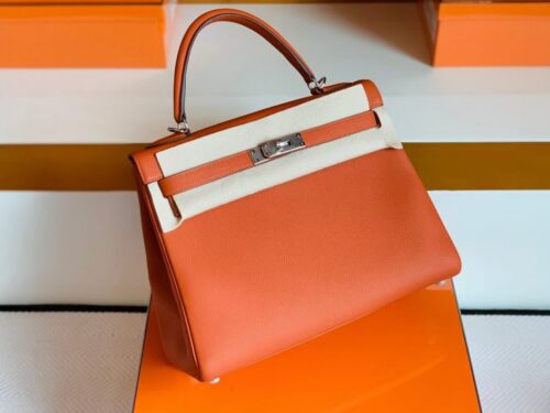 Hermes Kelly Togo R1 Pumpkin orange Silver Hardware 32cm Full Handmade
