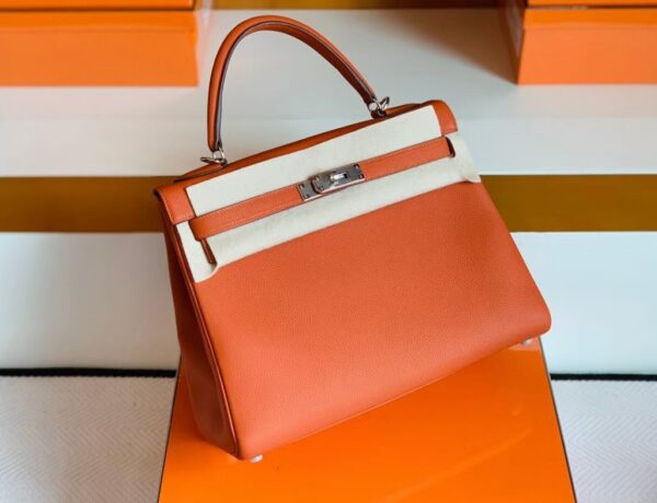 Hermes Kelly Togo R1 Pumpkin orange Silver Hardware 32cm Full Handmade