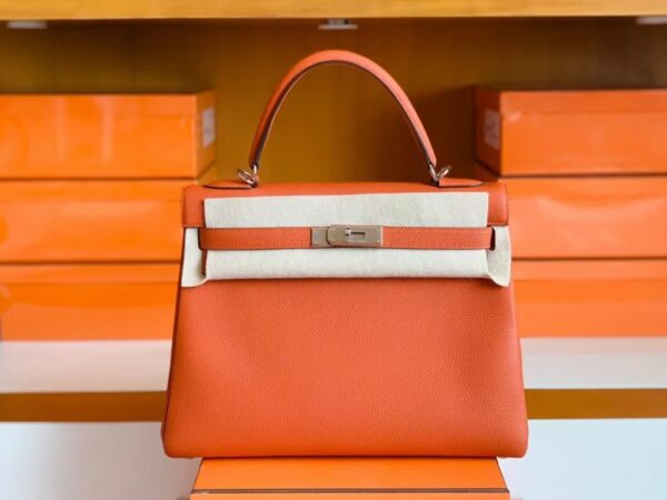 Hermes Kelly Togo R1 Pumpkin orange Silver Hardware 32cm Full Handmade