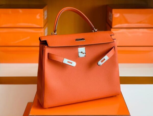 Hermes Kelly Togo R1 Pumpkin orange Silver Hardware 32cm Full Handmade