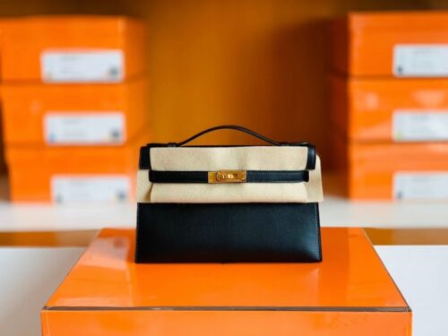 Hermes mini Kelly Pochette Swift Black Gold Hardware 22cm Full Handmade