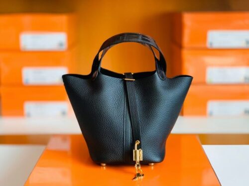 Hermes Picotin lock Touch TC & crocodile Black Gold Hardware 18cm Full Handmade