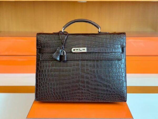 Hermes Kelly depeche Matte Alligator crocodile Coffee Silver Hardware 34cm Full Handmade