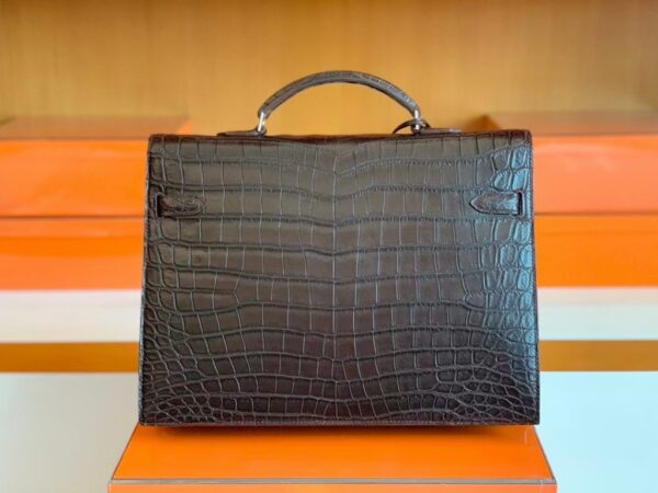 Hermes Kelly depeche Matte Alligator crocodile Coffee Silver Hardware 34cm Full Handmade