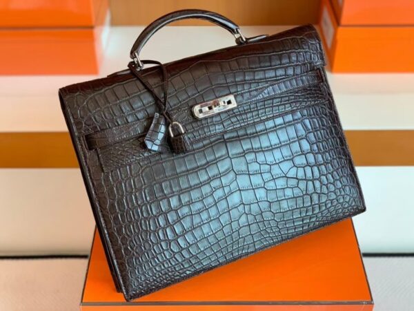 Hermes Kelly depeche Matte Alligator crocodile Coffee Silver Hardware 34cm Full Handmade