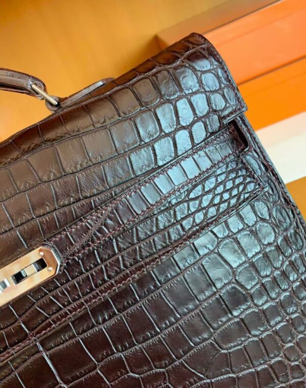 Hermes Kelly depeche Matte Alligator crocodile Coffee Silver Hardware 34cm Full Handmade