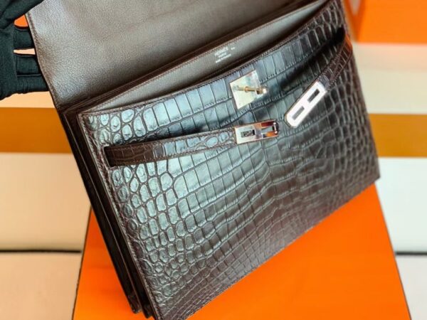 Hermes Kelly depeche Matte Alligator crocodile Coffee Silver Hardware 34cm Full Handmade