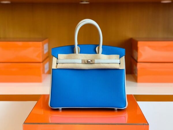 Hermes Birkin Chevre Pearl grey & Glaze blue Silver Hardware 25cm Full Handmade