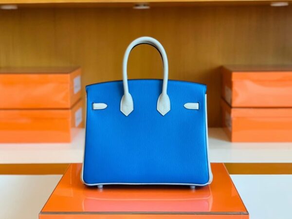 Hermes Birkin Chevre Pearl grey & Glaze blue Silver Hardware 25cm Full Handmade