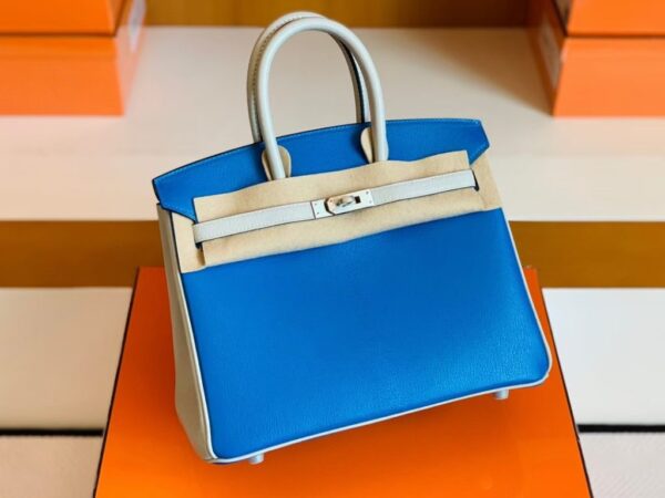 Hermes Birkin Chevre Pearl grey & Glaze blue Silver Hardware 25cm Full Handmade