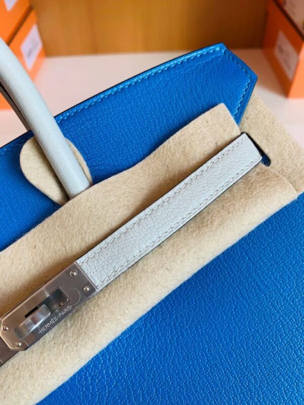 Hermes Birkin Chevre Pearl grey & Glaze blue Silver Hardware 25cm Full Handmade