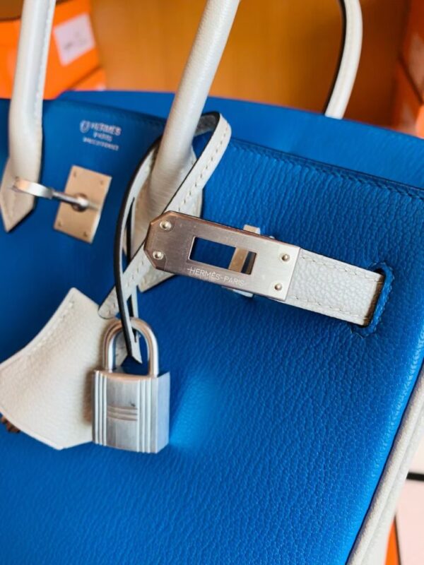 Hermes Birkin Chevre Pearl grey & Glaze blue Silver Hardware 25cm Full Handmade
