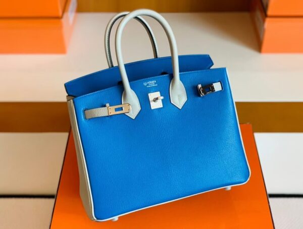 Hermes Birkin Chevre Pearl grey & Glaze blue Silver Hardware 25cm Full Handmade