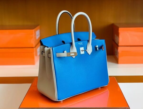 Hermes Birkin Chevre Pearl grey & Glaze blue Silver Hardware 25cm Full Handmade