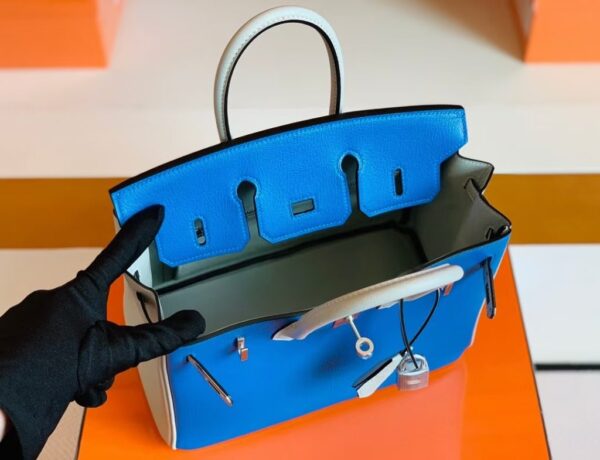 Hermes Birkin Chevre Pearl grey & Glaze blue Silver Hardware 25cm Full Handmade