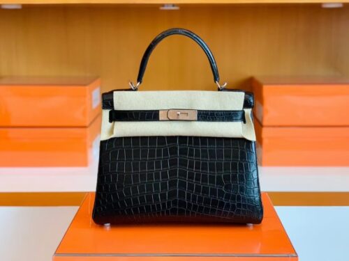 Hermes Kelly Matte Alligator Black Silver Hardware 28cm Full Handmade