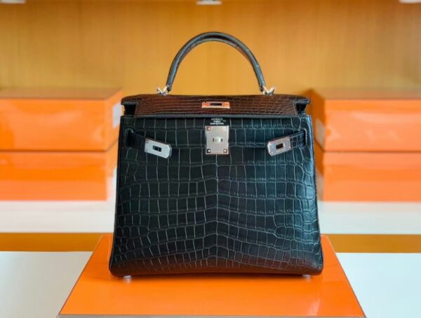 Hermes Kelly Matte Alligator Black Silver Hardware 28cm Full Handmade