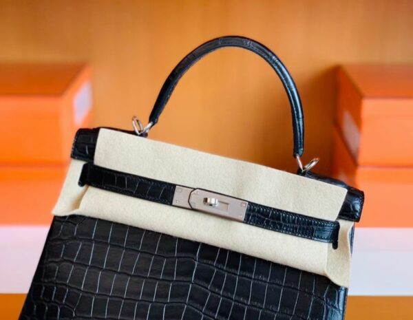 Hermes Kelly Matte Alligator Black Silver Hardware 28cm Full Handmade