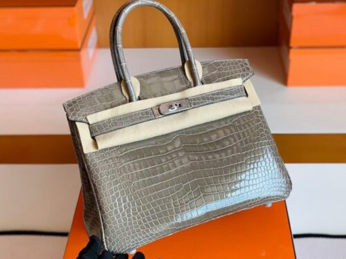 Hermes Birkin Shiny Porosus crocodile Griss Silver Hardware 30cm Full Handmade