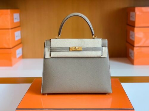 Hermes Kelly Epsom Etoupe Grey Gold Hardware 25cm Full Handmade