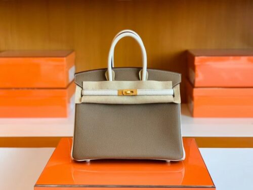 Hermes Birkin Togo Etoupe Grey & Creamy White Gold Hardware 25cm Full Handmade