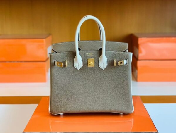Hermes Birkin Togo Etoupe Grey & Creamy White Gold Hardware 25cm Full Handmade