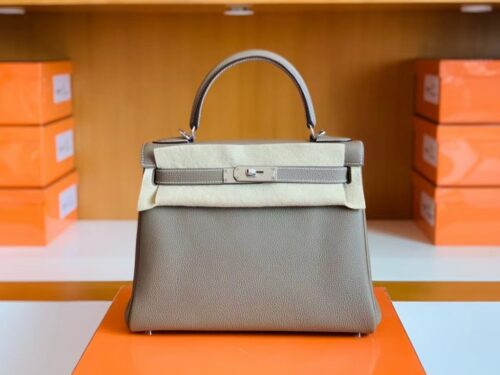 Hermes Kelly Togo Etoupe Grey Gold Hardware 28cm Full Handmade