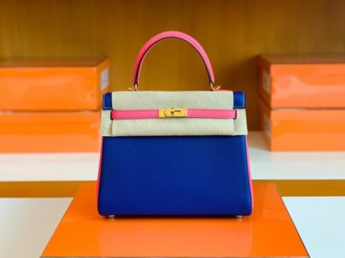 Hermes Kelly Epsom 8W rose azalee & 7T Bright Blue Gold Hardware 25cm Full Handmade