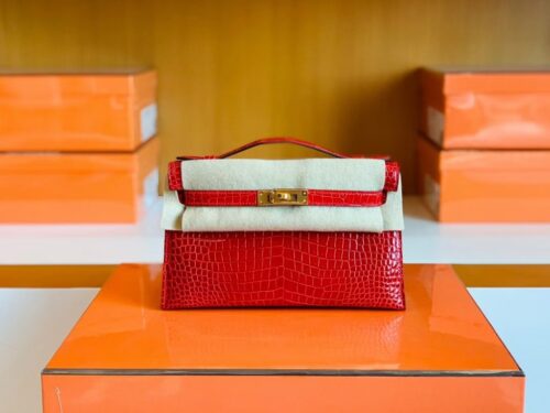 Hermes Mini Kelly pochette Shiny Porosus crocodile Ferrari red Gold Hardware 22cm Full Handmade