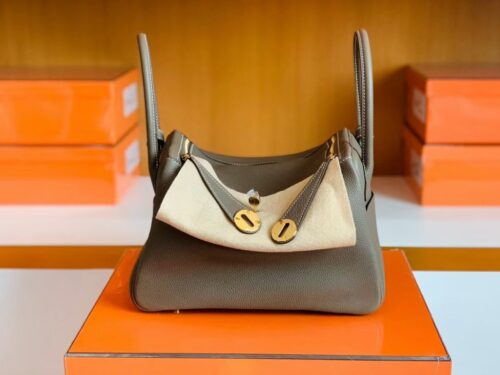 Hermes Lindy TC Leather Etoupe Grey Gold Hardware 26cm Full Handmade
