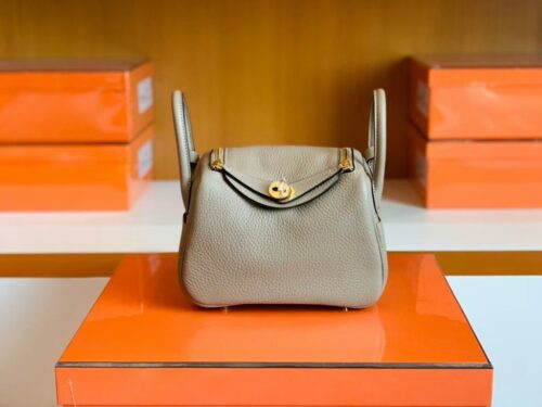 Hermes Mini Lindy TC Leather Griss Gold Hardware 19cm Full Handmade