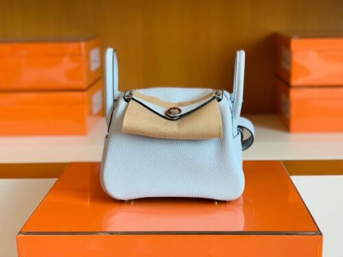 Hermes Mini Lindy TC Leather Light Blue Silver Hardware 20cm Full Handmade