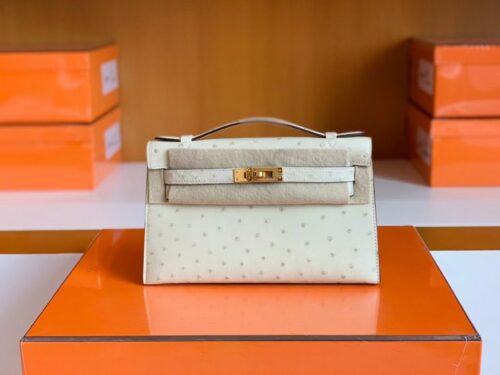 Hermes Mini Kelly pochette Ostrich White wool Gold Hardware 22cm Full Handmade