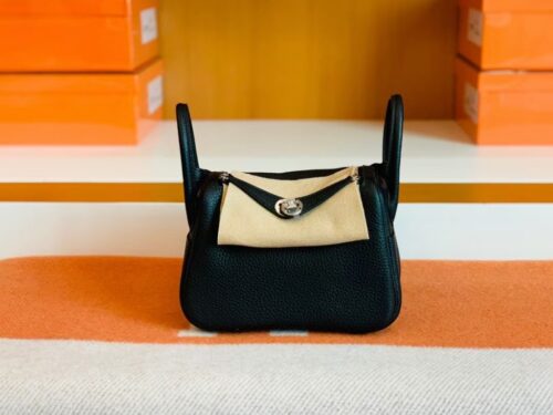 Hermes Mini Lindy Togo Black Silver Hardware 19cm Full Handmade