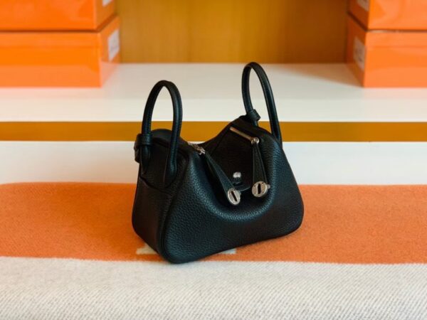 Hermes Mini Lindy Togo Black Silver Hardware 19cm Full Handmade