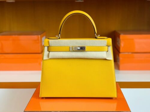 Hermes Kelly Epsom 9D Amber yellow Silver Hardware 28cm Full Handmade