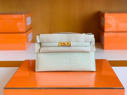 Hermes Mini Kelly Pochette Matte alligator crocodile 8L Creamy White Gold Hardware 22cm Full Handmade