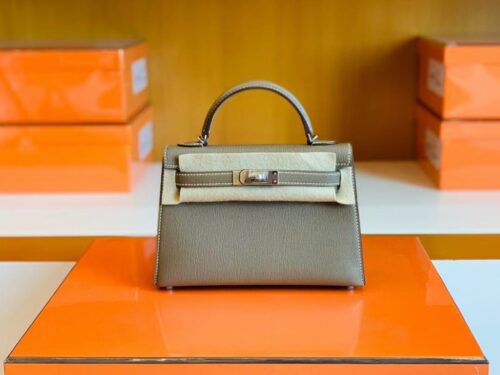 Hermes Mini Kelly Chevre Etoupe Grey Silver Hardware 19cm Full Handmade